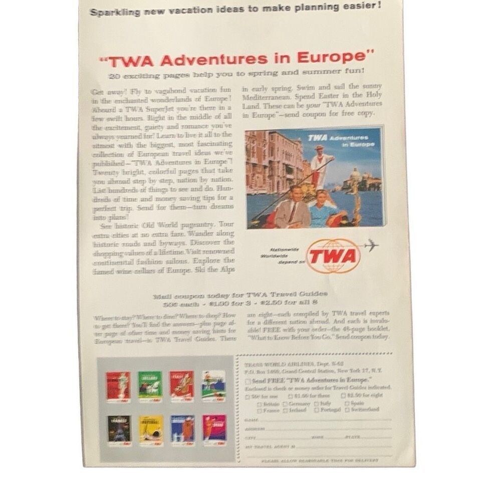 Vintage 1962 TWA Adventures in Europe Ad Advertisement